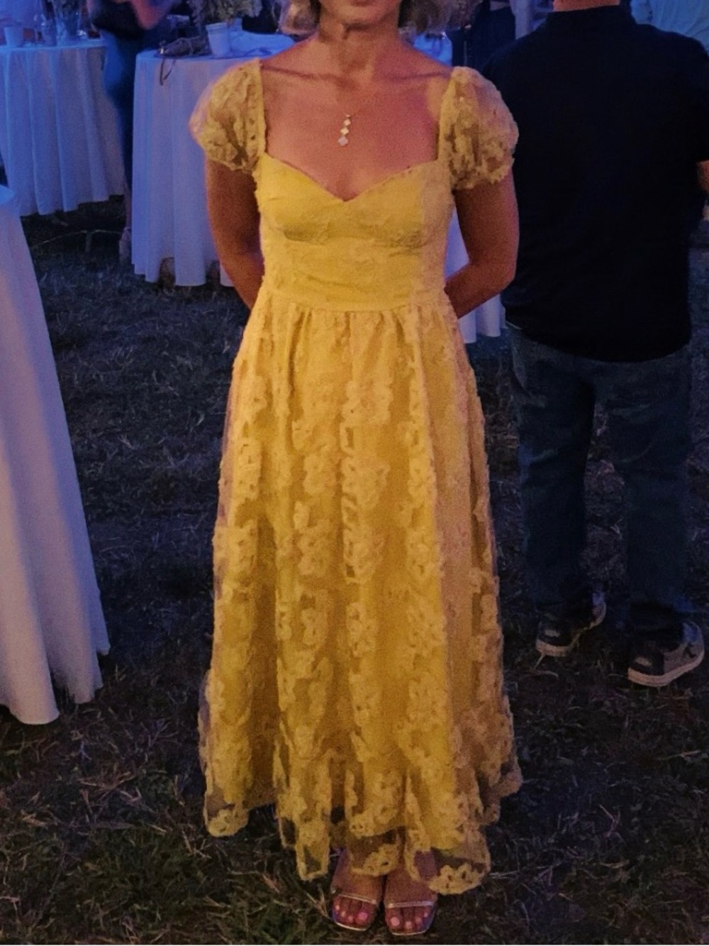 Lulu's Yellow Lace Maxi Dress with Puff Sleeves